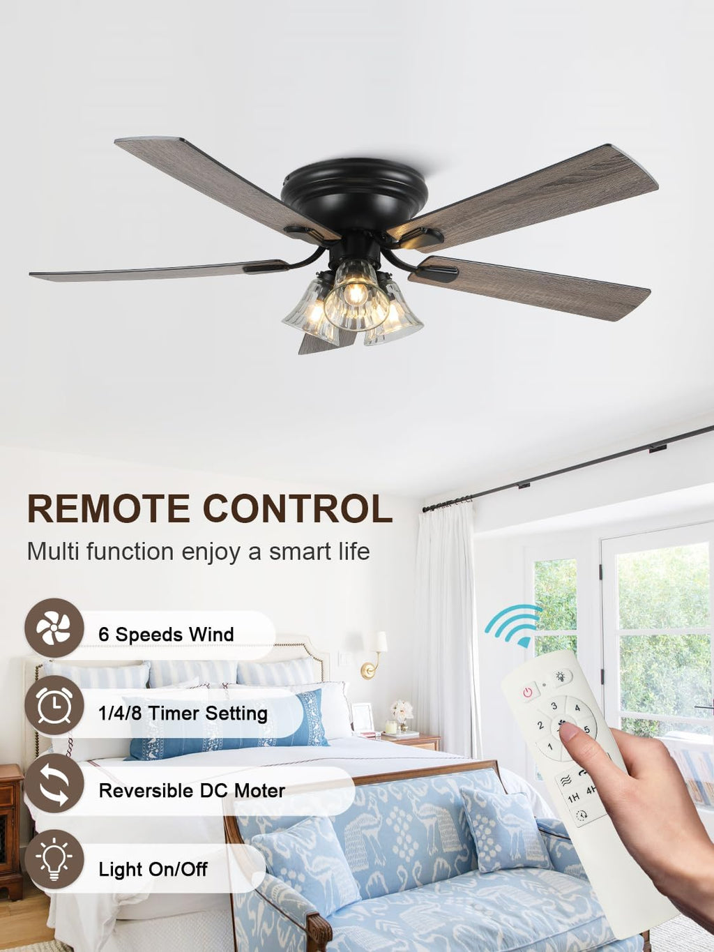 52' Flush Mount Farmhouse Ceiling Fan with Lights and Remote, Rustic Vintage Ceiling Fan Antique Fandelier 3-Lights 5 Reversible Blades Chandelier for Bedroom Living Room Dining Room