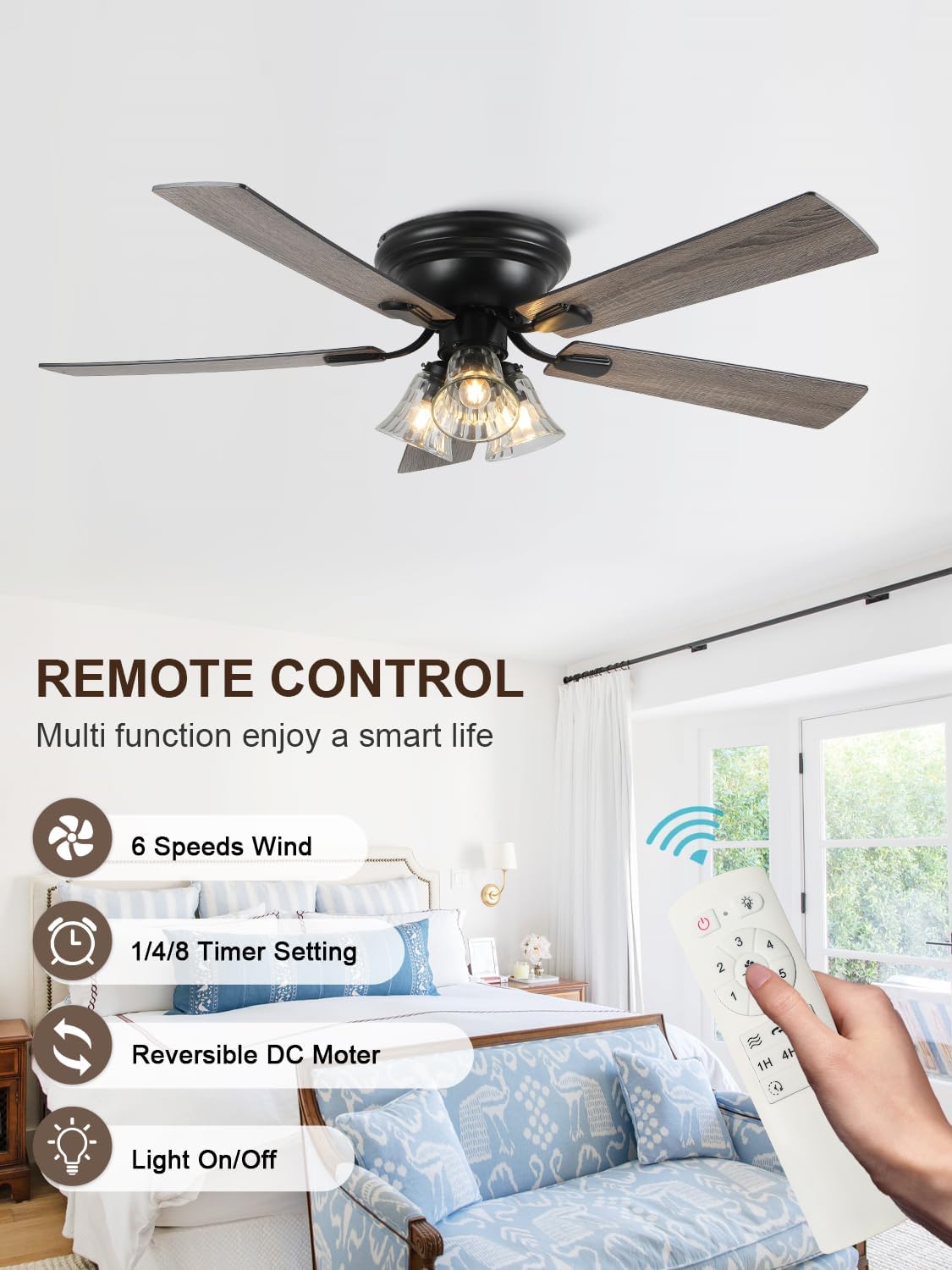 52' Flush Mount Farmhouse Ceiling Fan with Lights and Remote, Rustic Vintage Ceiling Fan Antique Fandelier 3-Lights 5 Reversible Blades Chandelier for Bedroom Living Room Dining Room