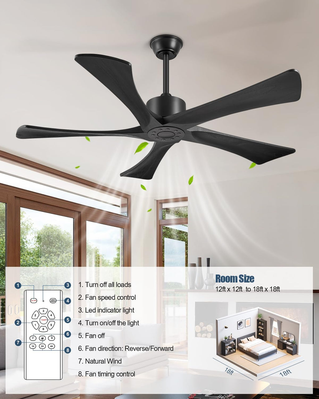 52 Inch Ceiling Fans Without Lights, USA Original Patent Outdoor Ceiling Fan No Light, 5 Wood Blades, ETL Listed, 6 Speeds Quiet DC Motor Modern Fan with Remote for Patios, 52', Matte Black
