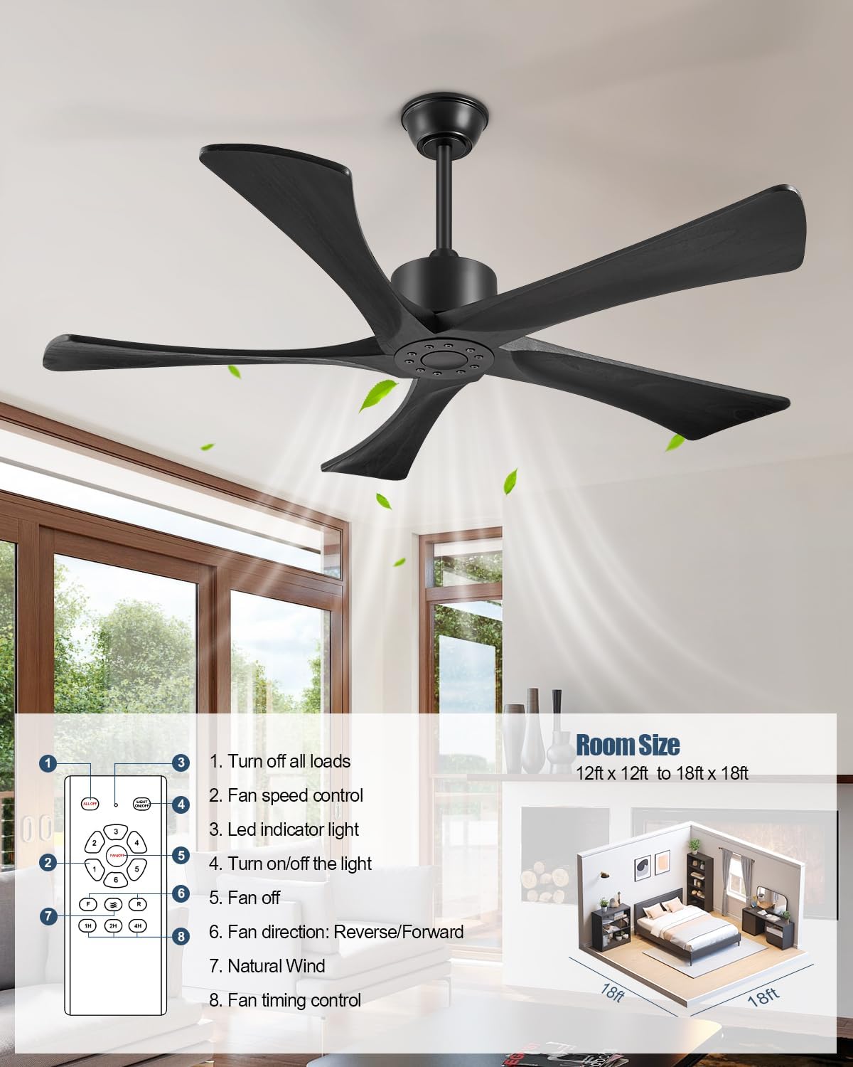 52 Inch Ceiling Fans Without Lights, USA Original Patent Outdoor Ceiling Fan No Light, 5 Wood Blades, ETL Listed, 6 Speeds Quiet DC Motor Modern Fan with Remote for Patios, 52', Matte Black