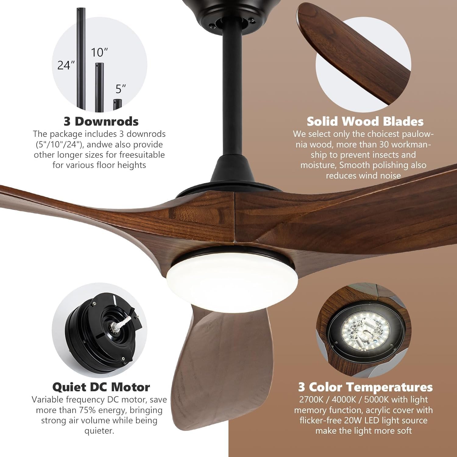 Wood Ceiling Fan with Light, 70 Inch Farmhouse Outdoor Ceiling Fan with Remote for Patios, Rustic Indoor Outdoor Propeller Fan & Reversible DC Motor for Bedroom Gazebo Balcony
