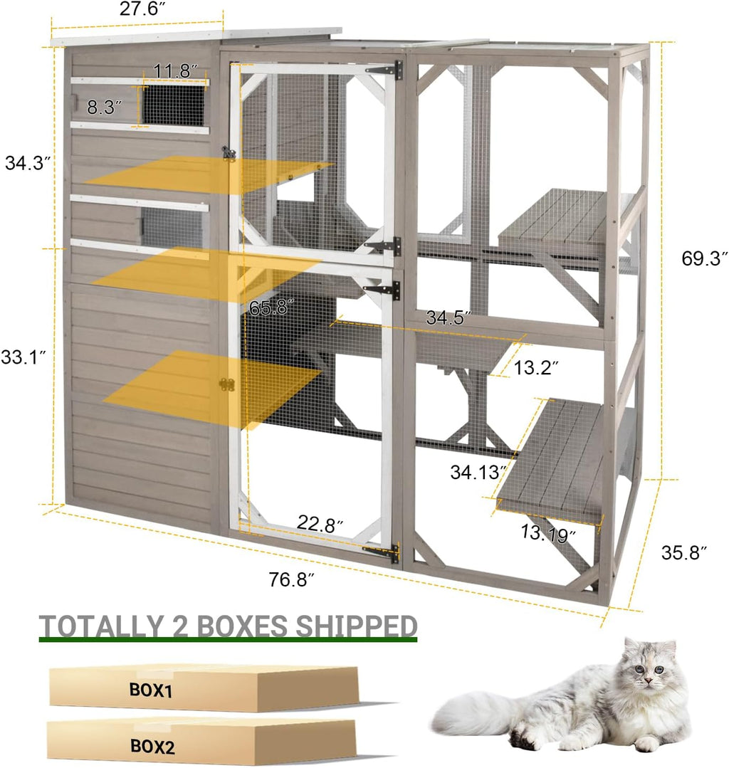 PetsCosset Catio Cat Enclosure Outdoor, Large Cat House Outdoor Weatherproof Attached to Window for Multi Cats, Asphalt and UV Protection Roofs, Multi Platforms-71 H 77' L