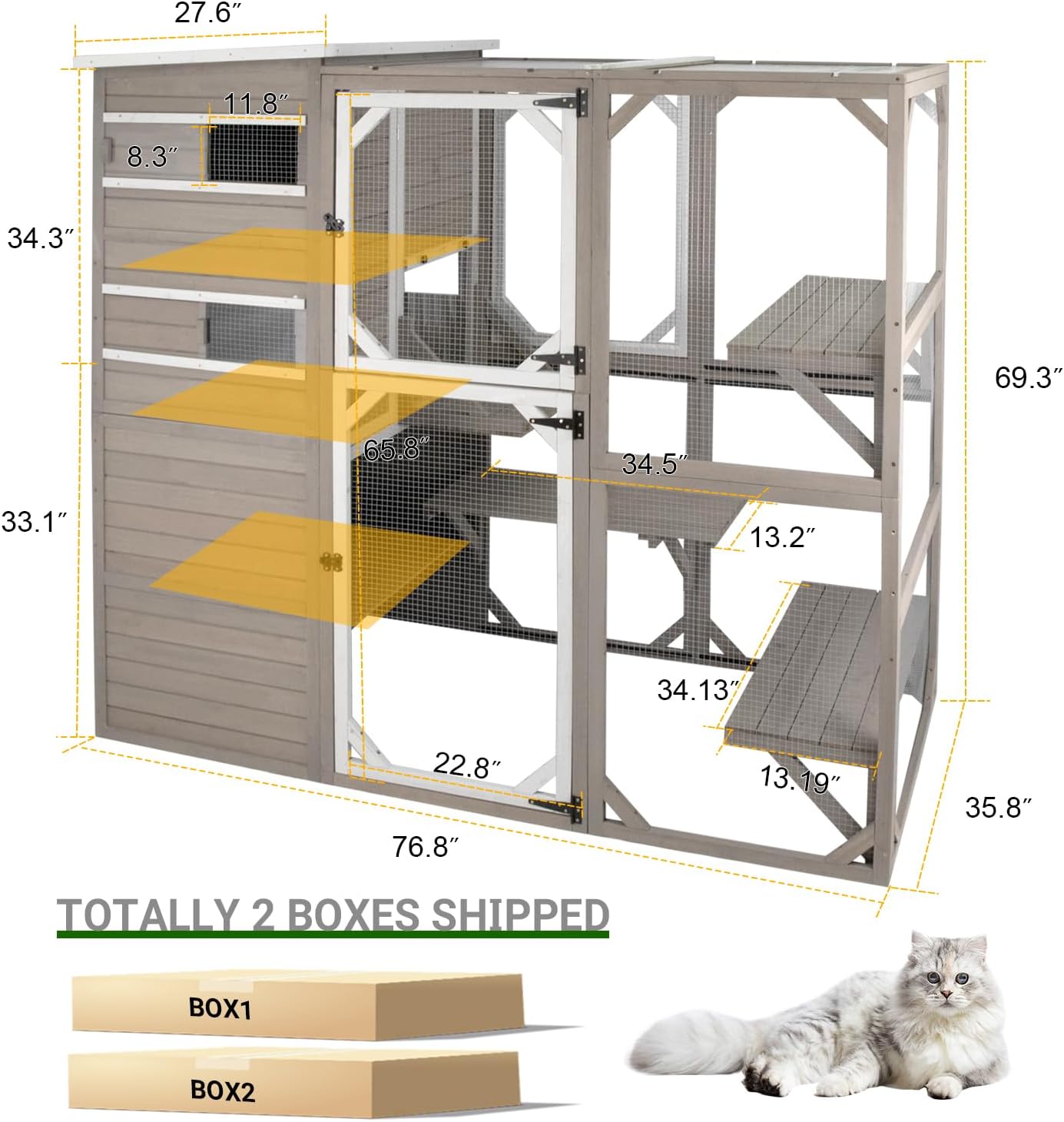 PetsCosset Catio Cat Enclosure Outdoor, Large Cat House Outdoor Weatherproof Attached to Window for Multi Cats, Asphalt and UV Protection Roofs, Multi Platforms-71 H 77' L