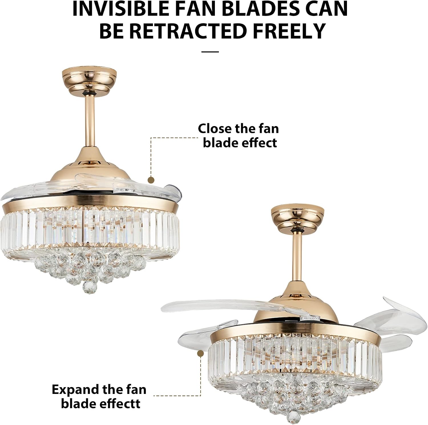 42' Chandelier Ceiling Fan Lighting Dimmable Remote Control Fandeliers Crystal Ceiling Fan with Lights for Bedroom Living Room Speed 3 Light (Gold