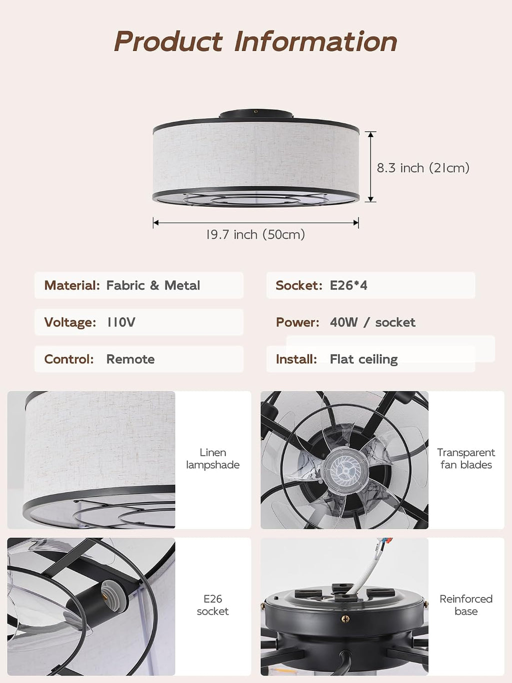 20' Black Low Profile Ceiling Fans with Lights, Boho Flush Mount Ceiling Fan with Light and Remote, Rattan with 6 Speeds for Bedroom, Nursery, Living Room