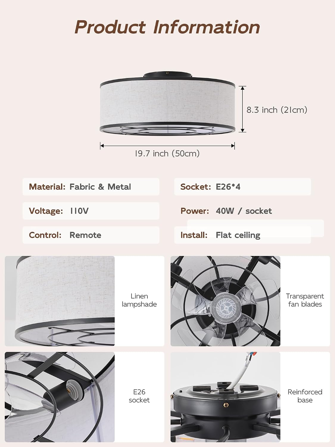 20' Black Low Profile Ceiling Fans with Lights, Boho Flush Mount Ceiling Fan with Light and Remote, Rattan with 6 Speeds for Bedroom, Nursery, Living Room