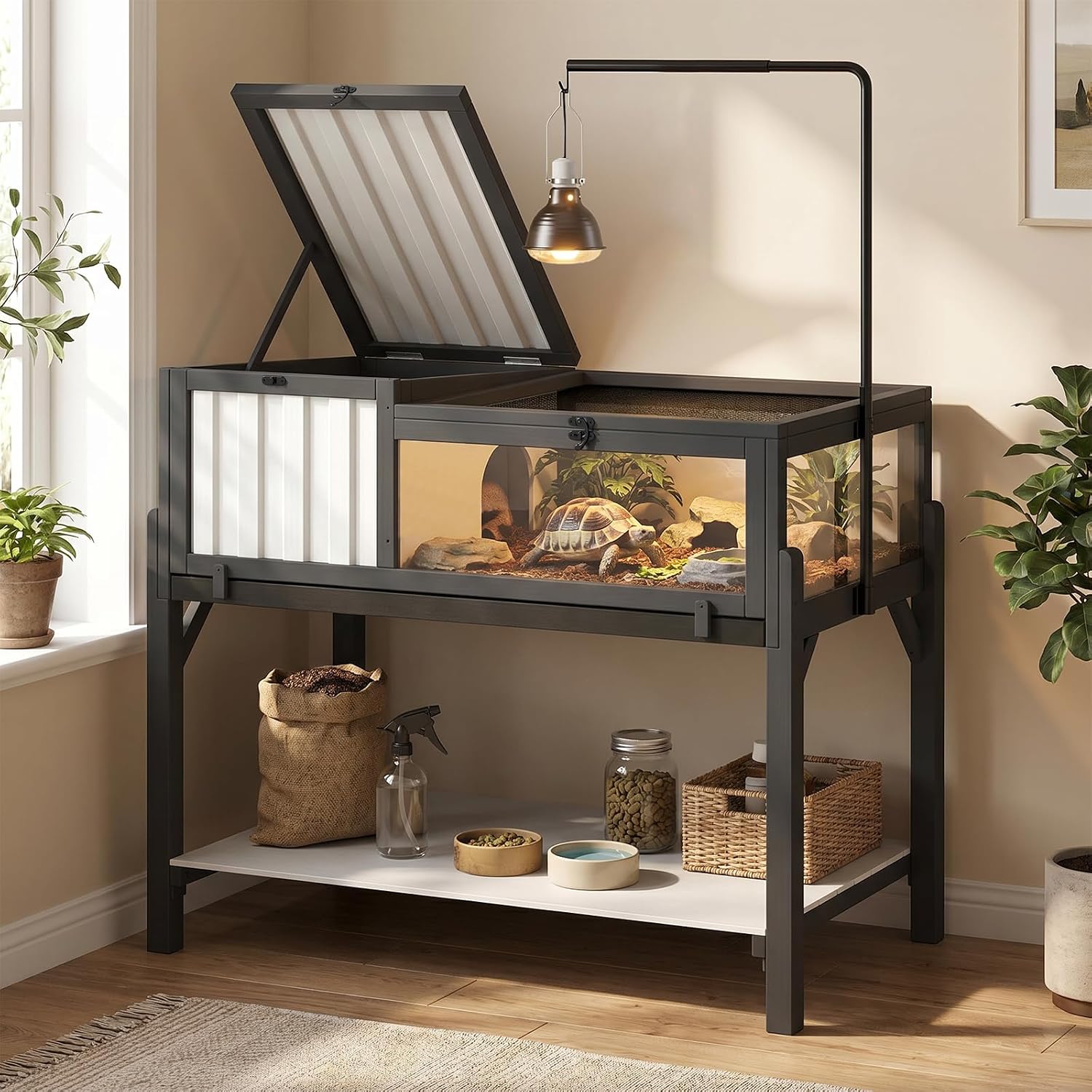 PetsCosset Indoor Tortoise Habitat with Storage Shelf & Adjustable Metal Light Stand, Modern Tortoise Enclosure with PVC Shelter, Elevated Tortoise Table for Sulcata, Hermann's & Russian Tortoises