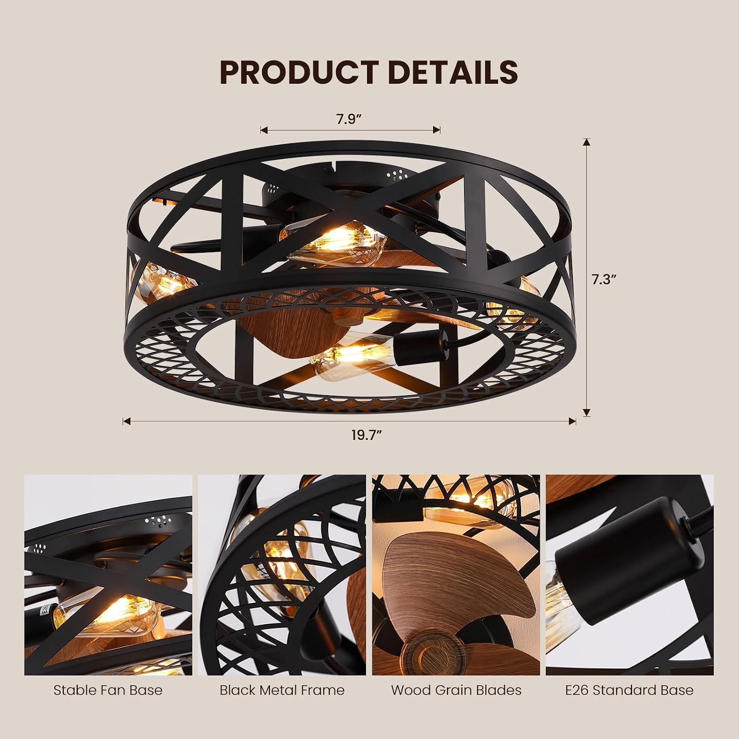 20' Caged Ceiling Fans with Lights, Modern Dimmable Flush Mount Ceiling Fan with Lights Remote, Black Low Profile Ceiling Fan for Bedroom, Kitchen,6 Speed Reversible