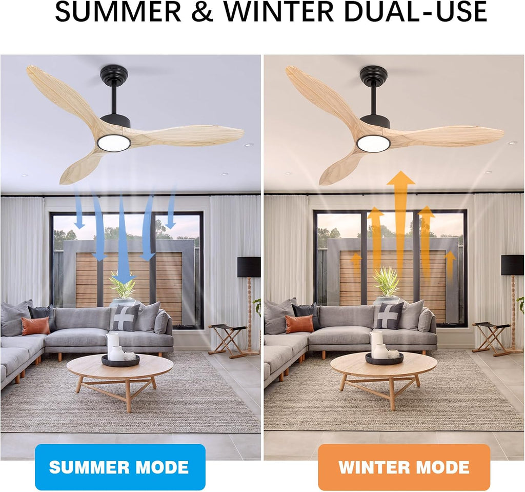52 inch Ceiling Fans with Lights and Remote, 3 Natural Wood Blades, Modern Indoor/Outdoor Ceiling Fan for Living Room Bedroom Farmhouse Patio, 6 Speeds, Dimmable, Noiseless Reversible DC Motor