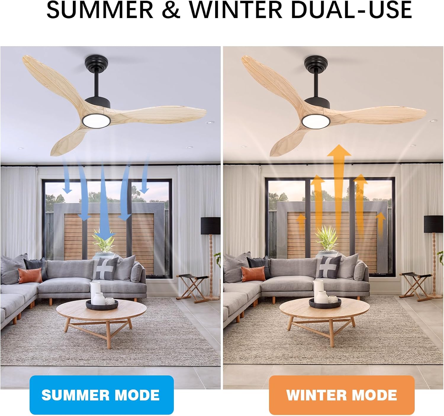 52 inch Ceiling Fans with Lights and Remote, 3 Natural Wood Blades, Modern Indoor/Outdoor Ceiling Fan for Living Room Bedroom Farmhouse Patio, 6 Speeds, Dimmable, Noiseless Reversible DC Motor