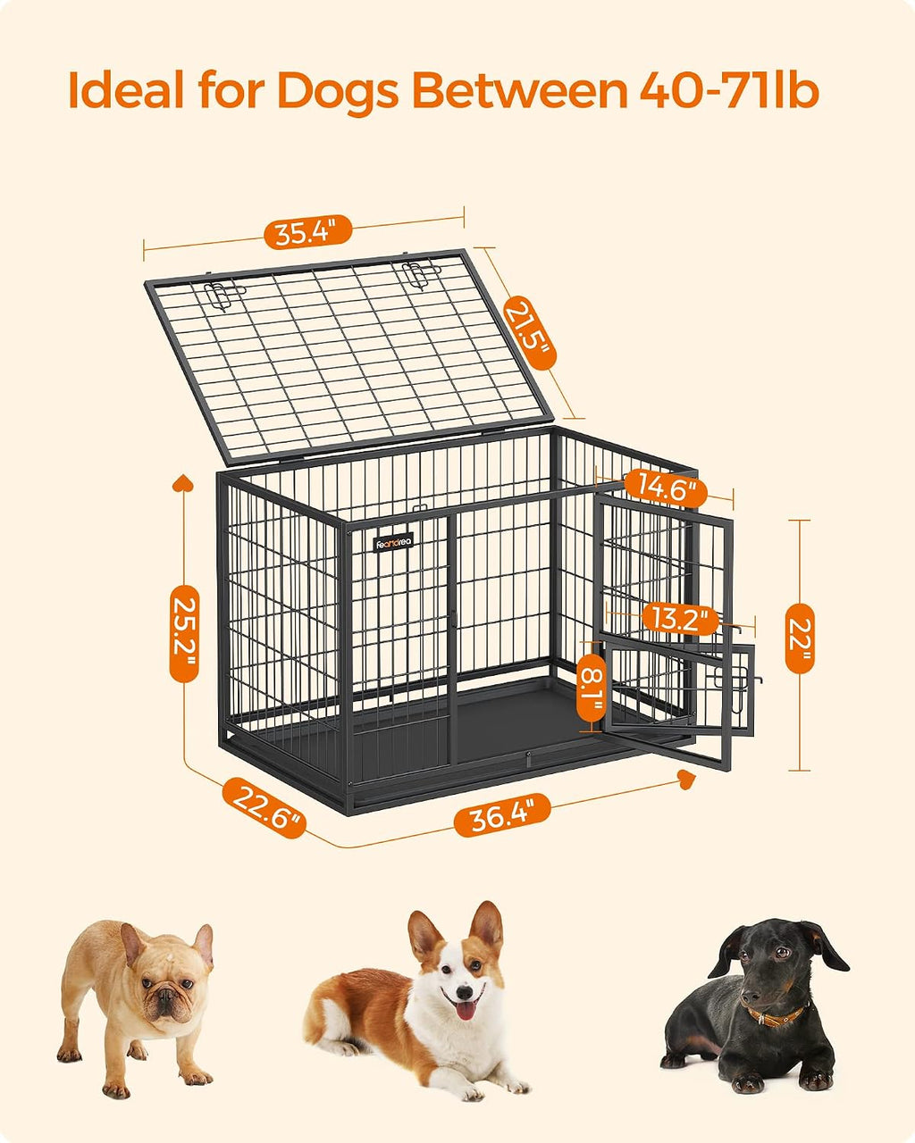 Feandrea 36.4 Inch Heavy Duty Dog Crate, Metal Escape Proof Kennel with Double Doors and Convenient Feeding Door, Removable Tray, Easy to Clean, L Pet Crate for Medium and Small Dogs, Black