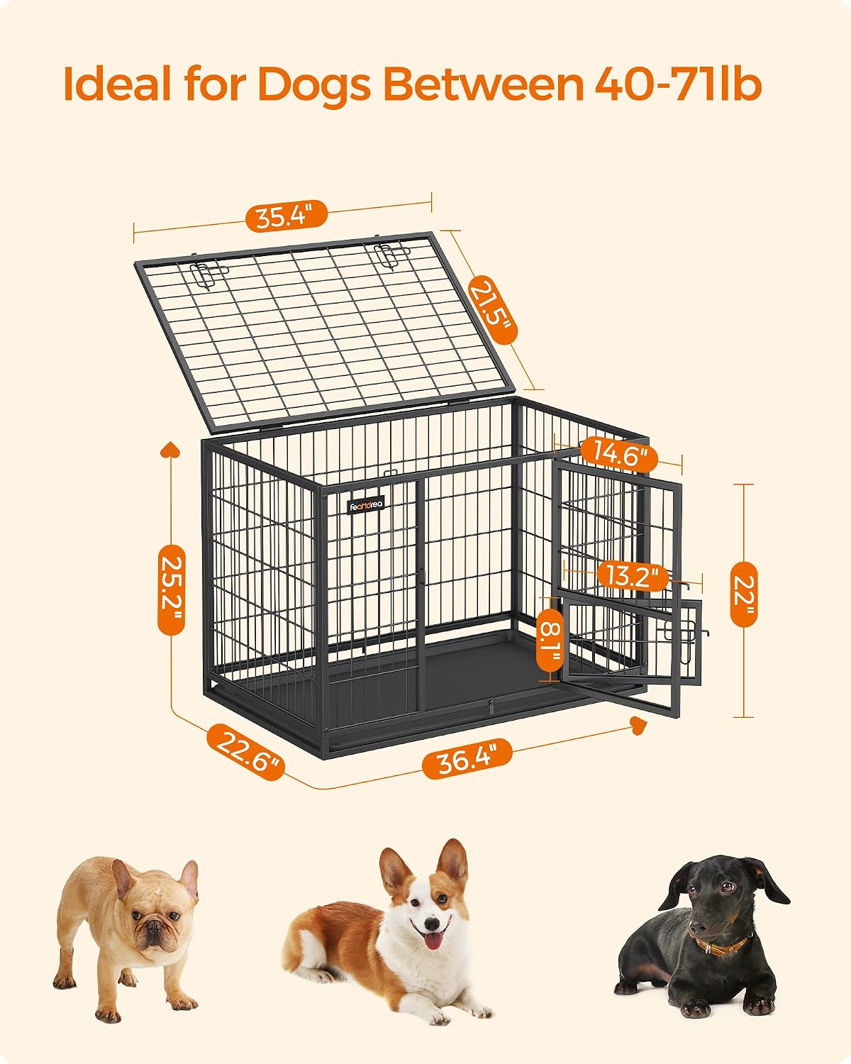 Feandrea 36.4 Inch Heavy Duty Dog Crate, Metal Escape Proof Kennel with Double Doors and Convenient Feeding Door, Removable Tray, Easy to Clean, L Pet Crate for Medium and Small Dogs, Black