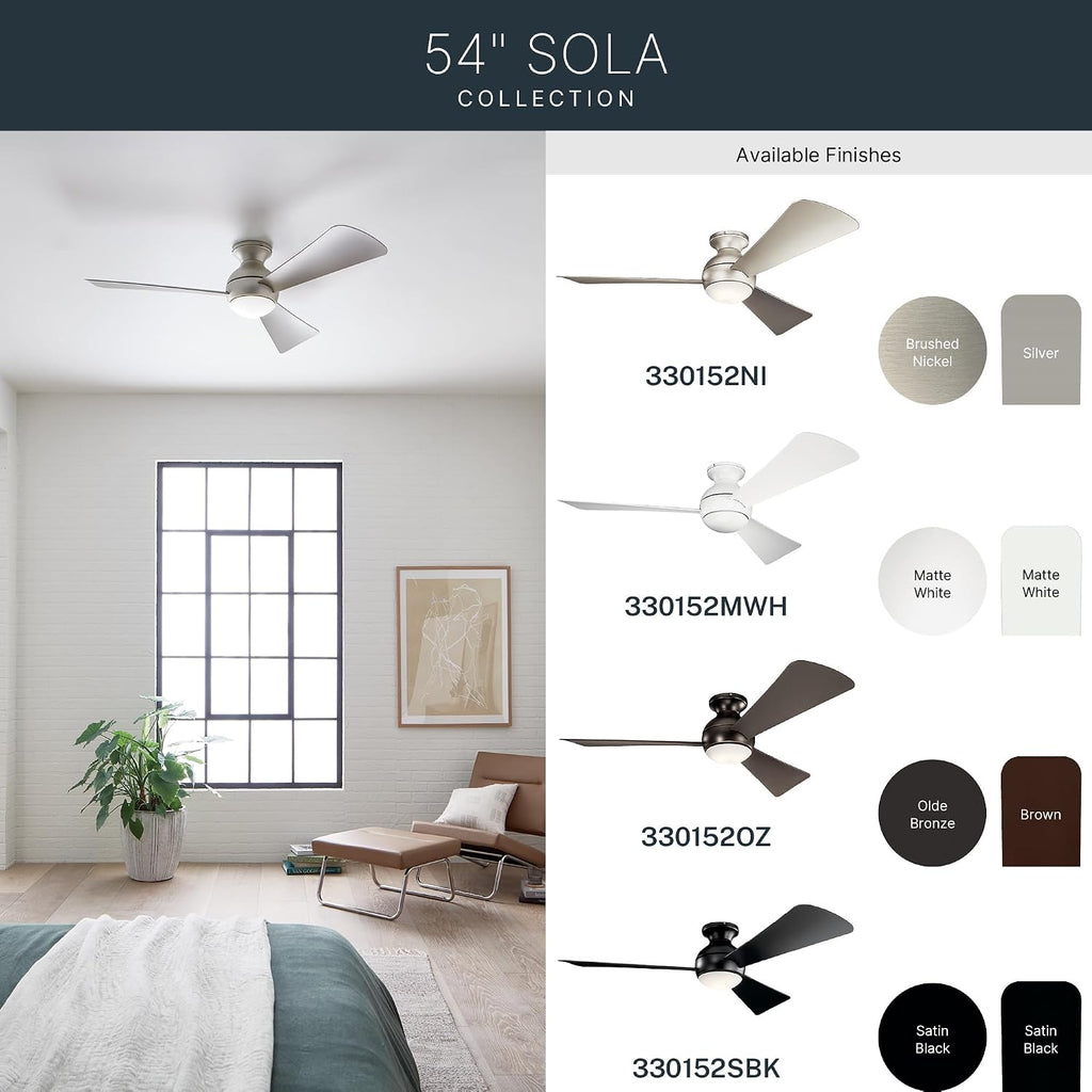 Kichler Sola 54' LED Indoor Outdoor Ceiling Fan In Old Bronze®, 3-Blade, 3000K, (54' W x 11' H), 330152OZ