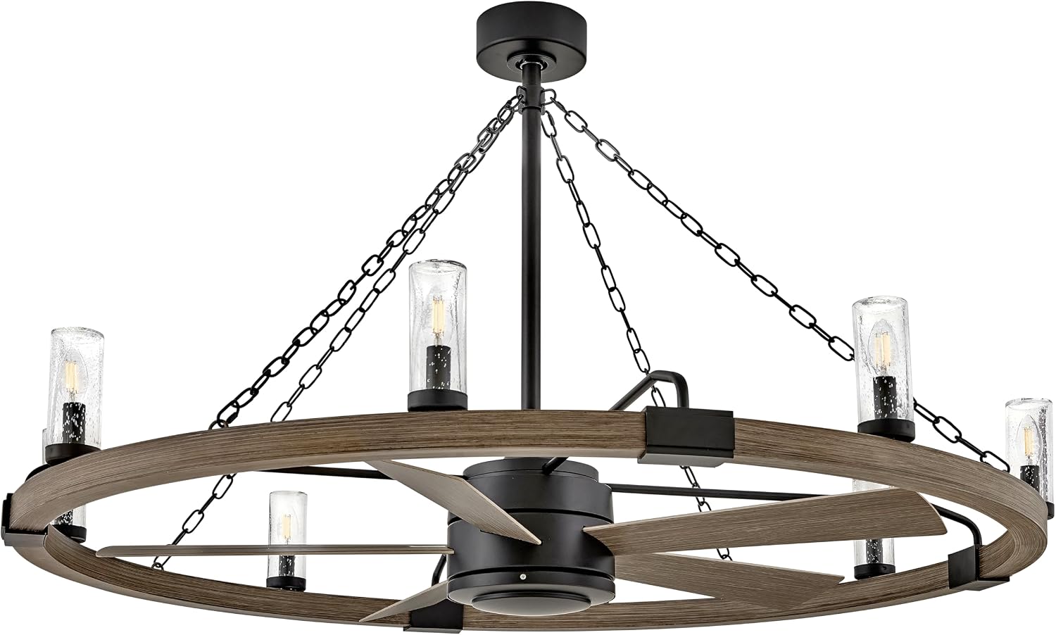 Hinkley Sawyer 52' LED Smart Ceiling Fan with Light and Remote, Rustic Wagon Wheel Chandelier Fandelier, Composite Material, Wet Rated Indoor Outdoor, Seedy Glass Shades, Matte Black and Driftwood