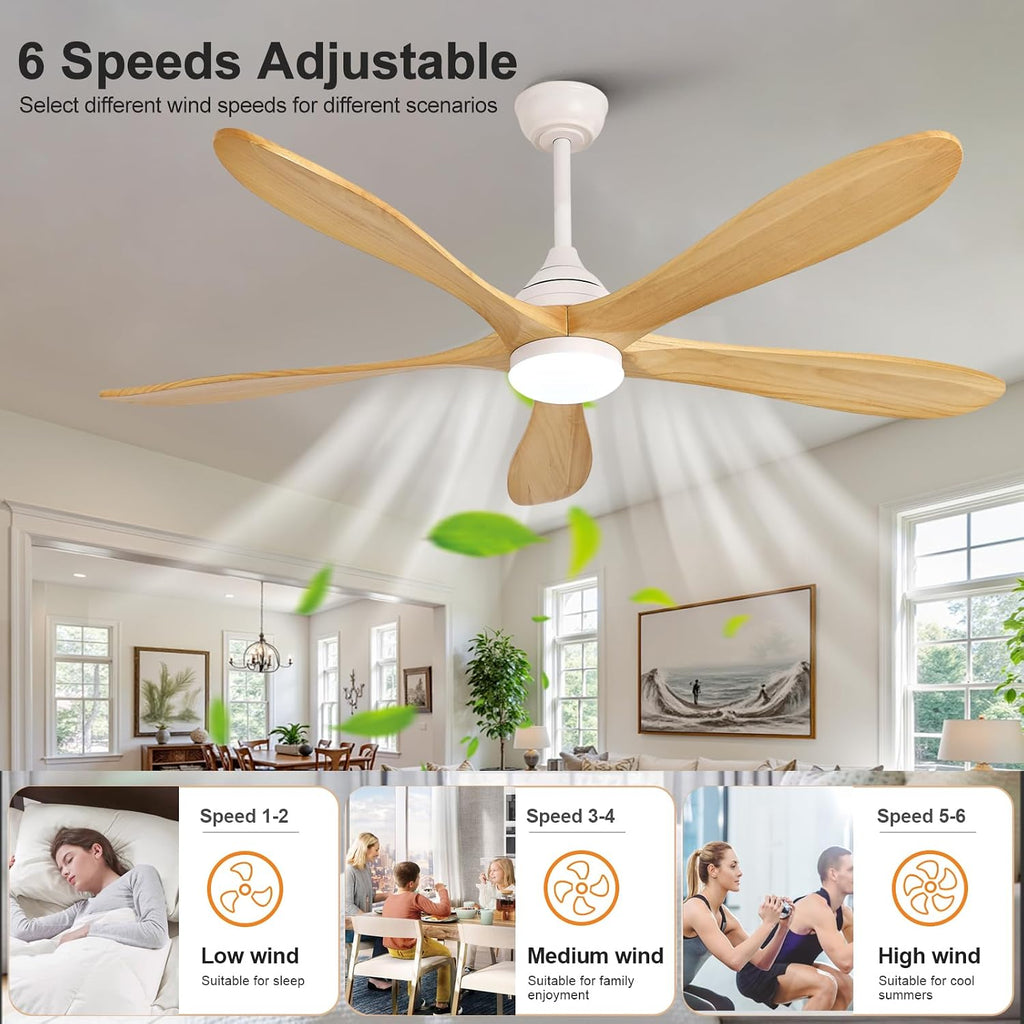OKDNEG 60 Inch Ceiling Fans with Lights and Remote, 5 Wood Fan Blades Ceiling Fan,3CCT Dimmable,Timer,Quiet DC Motor,6 Speed,Indoor Outdoor Ceiling Fan for Offices Farmhouse Gazebo Patio
