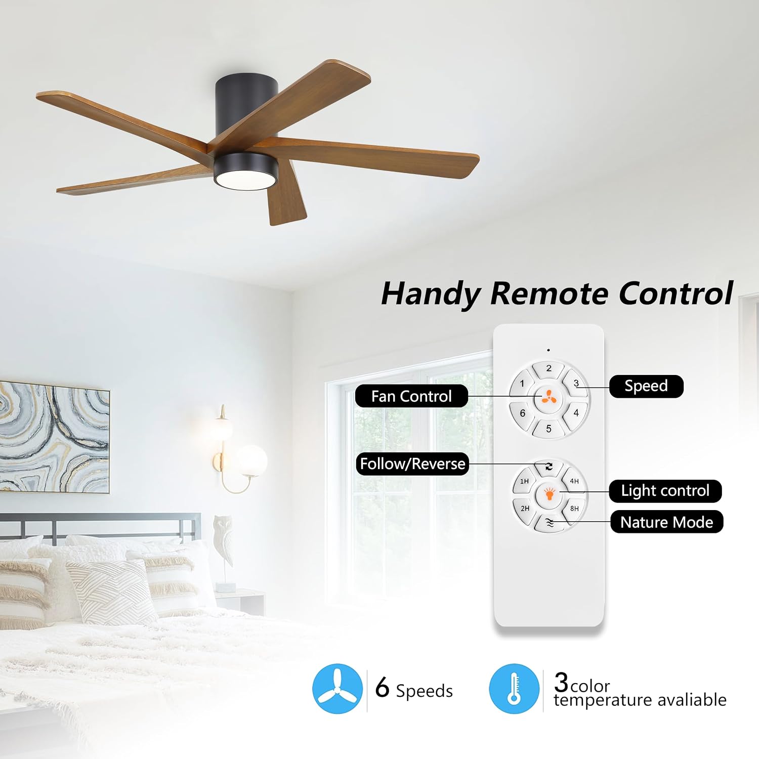 WINGBO 48 Inch Flush Mount DC Ceiling Fan with Lights and Remote, 5 Reversible Carved Wood Blades, 6-Speed Noiseless DC Motor, Hugger Ceiling Fan in Matte Black Finish with Walnut Blades, ETL Listed