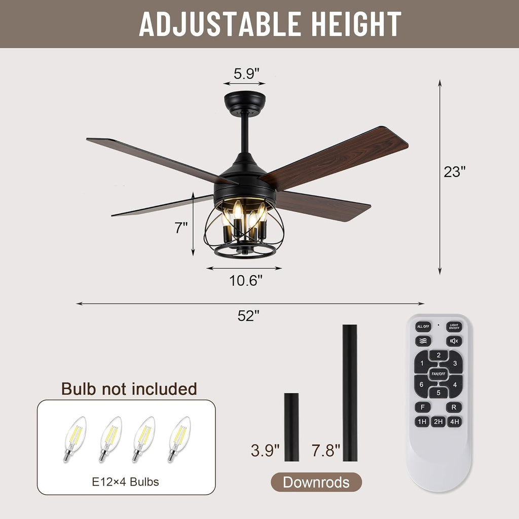 52 Inch Ceiling Fans with Lights, Modern Farmhouse Caged Ceiling Fan, Reversible Motor, 4 Double Finish Wood Blades, Rustic Ceiling Fan for Porch, Living Rooms, Bedroom