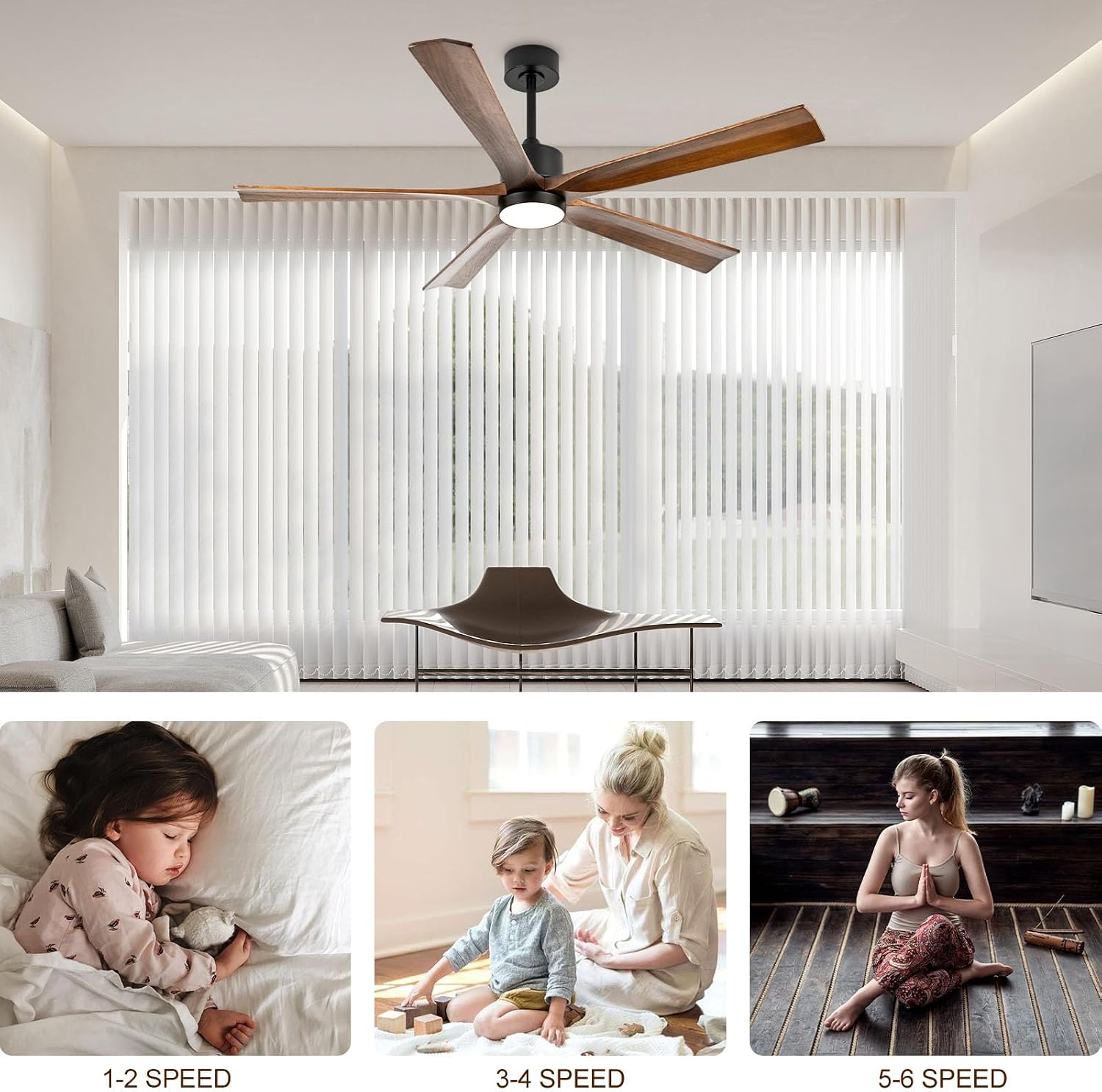 heimo 60 Inch Ceiling Fans with Lights and Remote, Wood Indoor Outdoor Ceiling Fan with Light for Patios Living Room Bedroom 5 Blades Large Mid Century Modern Ceiling Fan (Walnut)