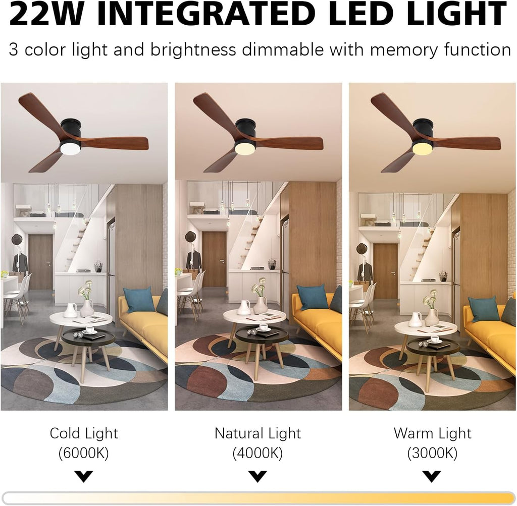 52' Ceiling Fans Flush Mount with Lights and Remote Control, Dark Brown Solid Wood Ceiling Fans for Indoor Outdoor Farmhouse, Timing 6 Speeds 3 Color Light with Memory Lighting