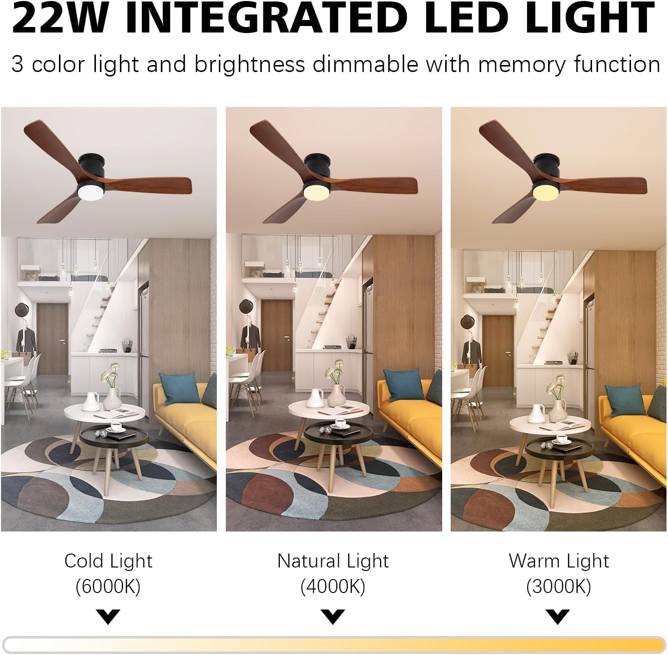 52' Ceiling Fans Flush Mount with Lights and Remote Control, Dark Brown Solid Wood Ceiling Fans for Indoor Outdoor Farmhouse, Timing 6 Speeds 3 Color Light with Memory Lighting