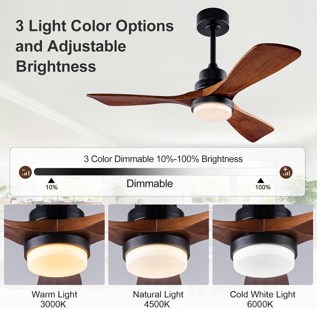42 Inch Outdoor Ceiling Fans with Lights and Remote Control, Dimmable Outdoor Ceiling Fans for Patios 3 Blade Wood Black Walnut Bedroom Ceiling Fan with Light, Wall Switch