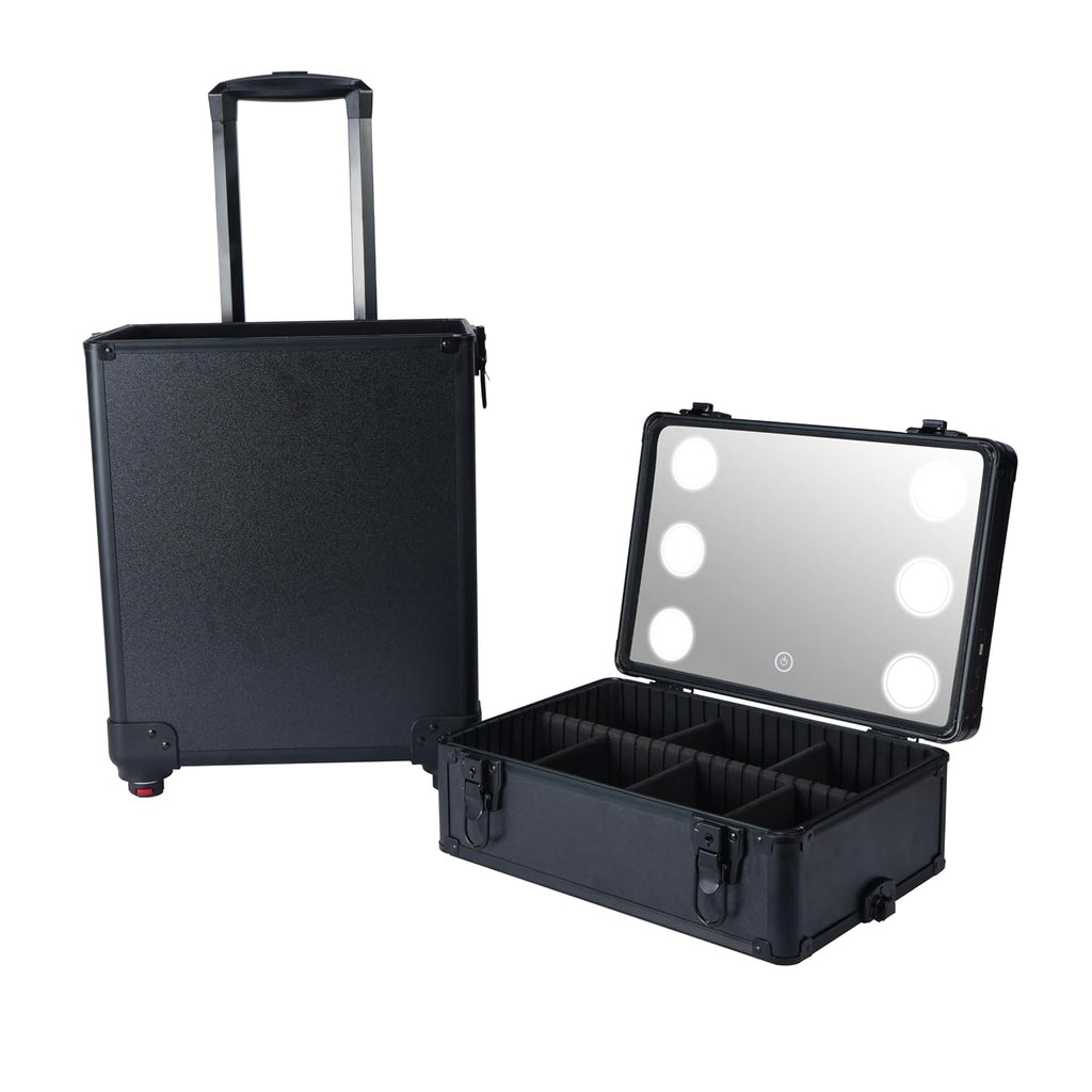 4 in 1 Rolling Makeup Train Case with Light & Mirror, Interchangeable Cosmetic Box, Cosmetology Caboodle Case on 360° Wheels, Beauty Storage Luggage(Black)