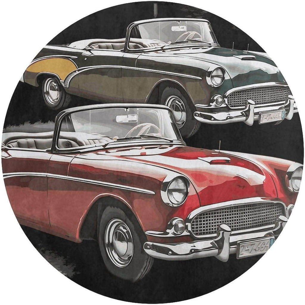 Classic Car Roadsters Old Fashioned Coral Velvet Round Floor Mat Non-Slip Bath Rug Floor Covering for Bathroom Vanity Guest Suite & Vacation Home