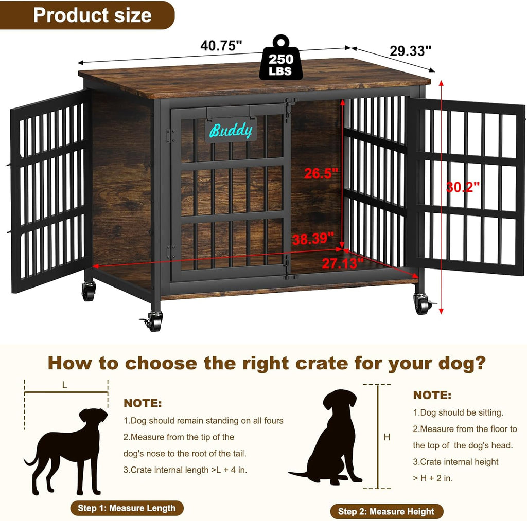 EasyCom 41'/33'/27' Dog Crate Furniture with Name Tag, Heavy Duty Dog Kennel Indoor for Medium Dogs, Double-Doors Sturdy Metal Dog Cage for Anxiety Dog, Decorate House as TV Stand, End Table