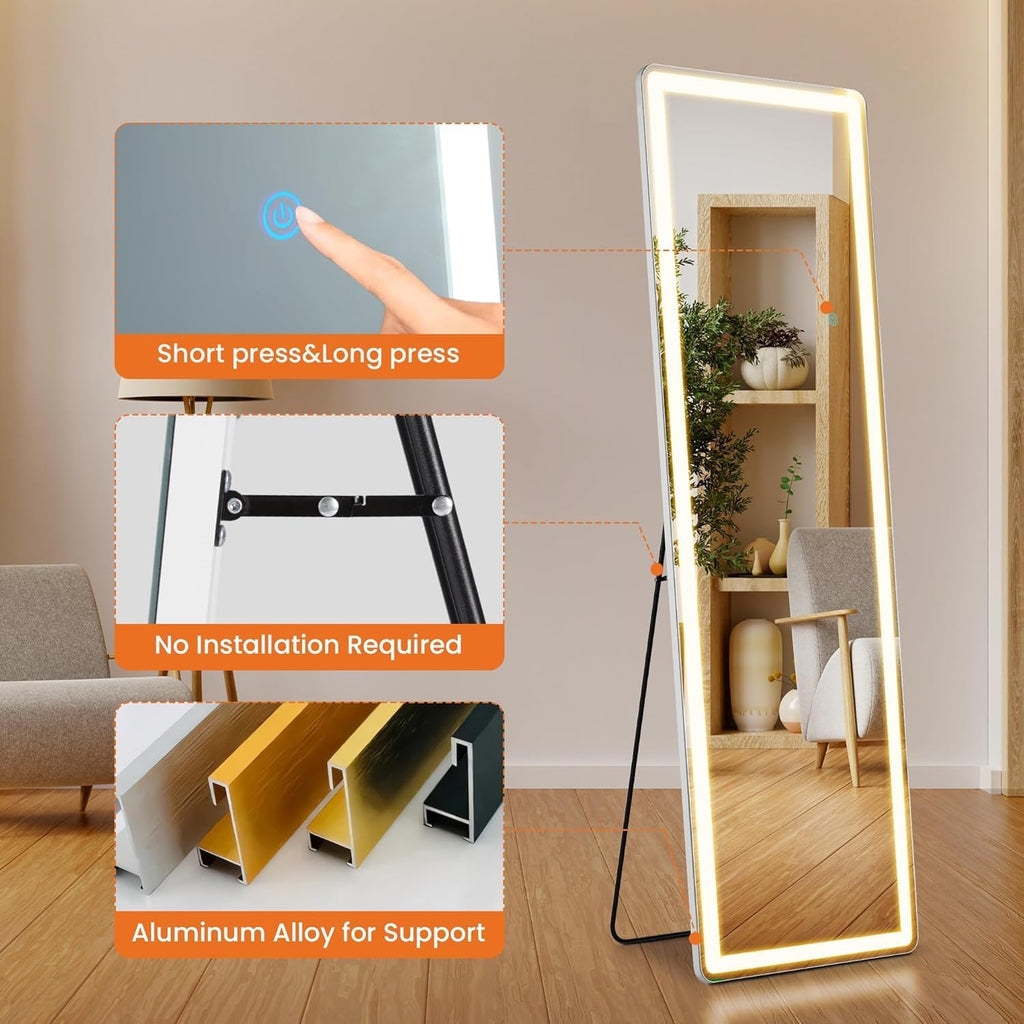 Elevon Full Length Mirror with LED Lights, 60'x16' Floor Mirror with Dimming & 3 Color Lighting, Led Mirrors Full Length with Stand for Bedroom, Dressing Room, Rectangle