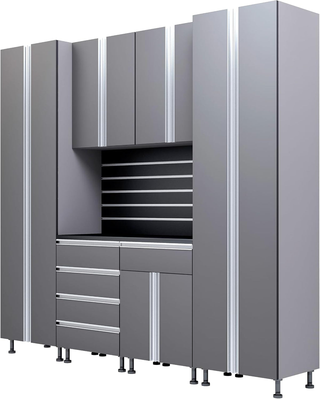 Premium Garage Cabinets 7' Storage Sets Solution with Adjustable Legs, Soft-Close Drawer & Door, Integrated Handles, Heavy Duty Plywood Box Construction, Tool and Equipment Organizer (Combo 7CS-012B)