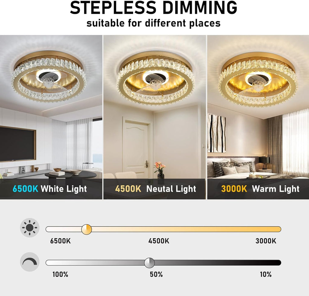 FRIXCHUR Ceiling Fan with Light Low Profile Ceiling Fans with Remote Control Flush Mount Ceiling Fan 3 Color 6 Speed LED Fan Light for Bedroom Living Room Kitchen Dinning Room (Gold)
