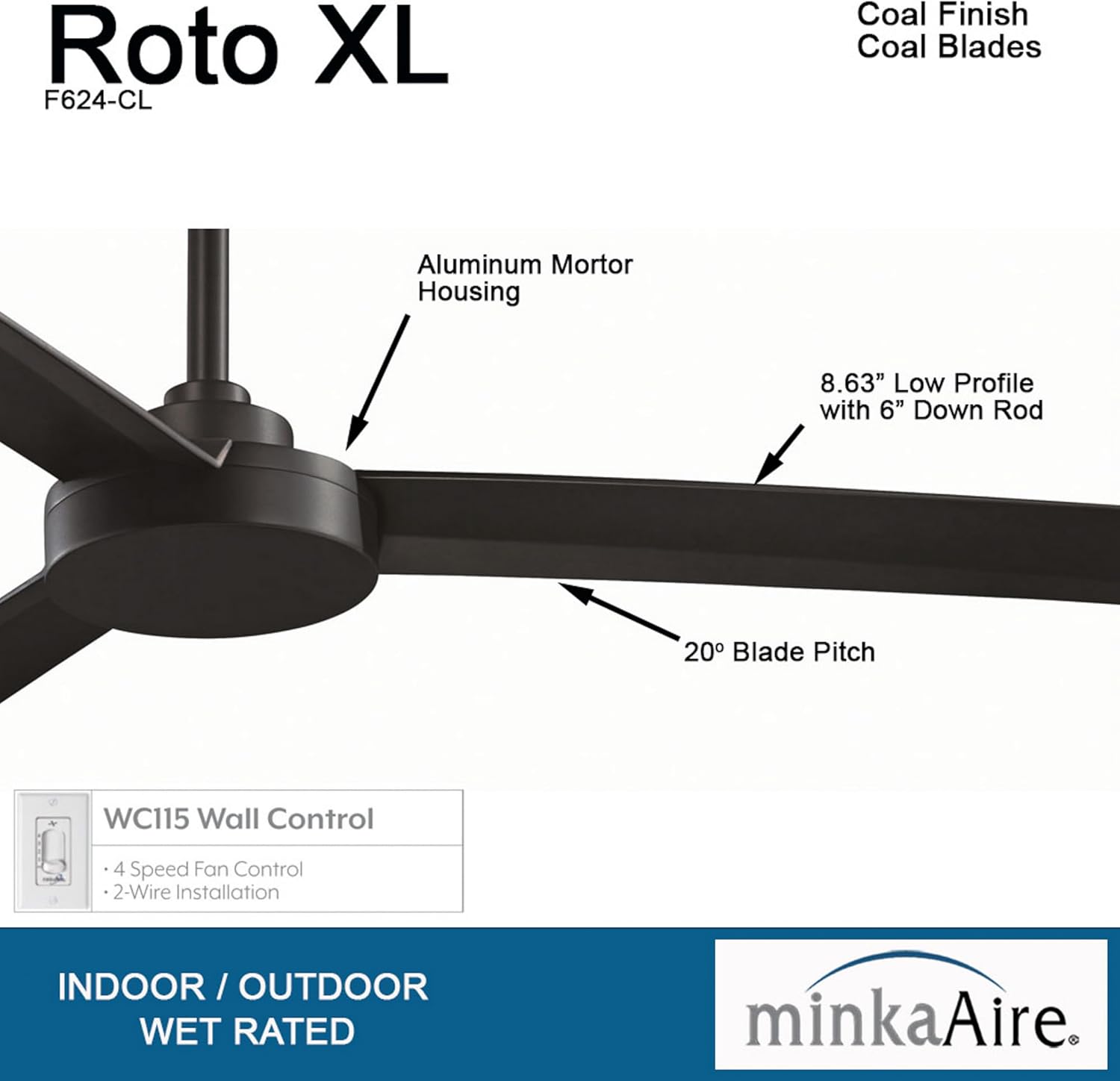 Minka Aire F624-CL Roto XL 62-Inch Outdoor Ceiling Fan, Coal
