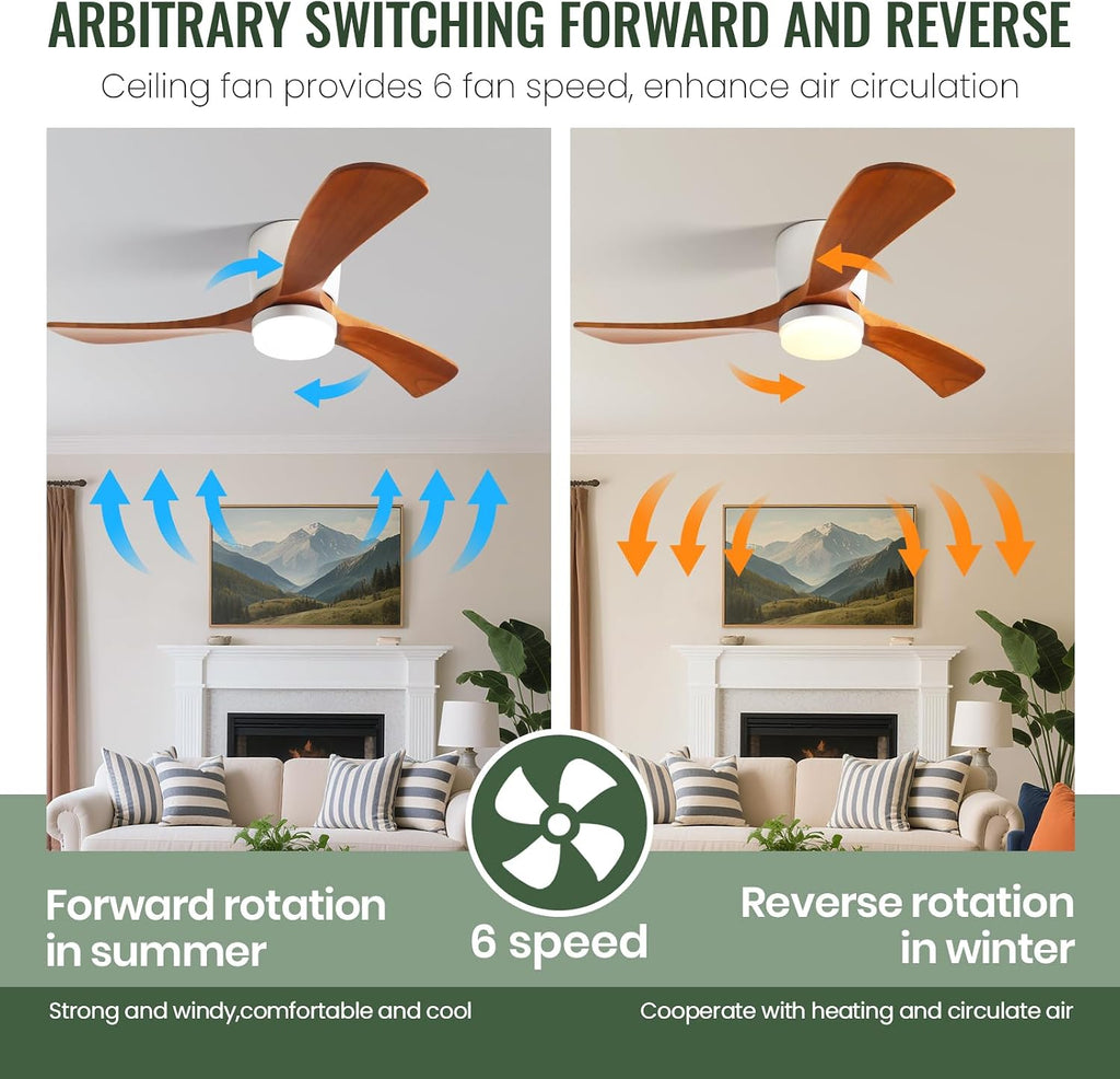 GESUM 42' Flush Mount Ceiling Fan with Lights3 Wood Blades, Reversible,Dimmable, Low Profile Ceiling Fan with Remote Control for Living Room Kitchen Bedroom(White+Wood)