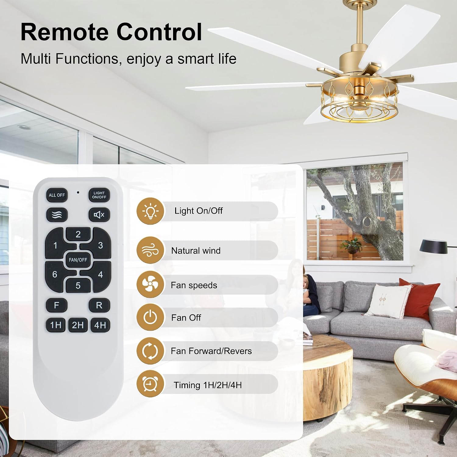 White and Gold Ceiling Fan with Lights 60 Inch Fandelier Ceiling Fan Gold Caged Chandelier Modern Fandeliers with Lights and Remote for Living Room Indoor Outdoor, Reversible 6 Speeds