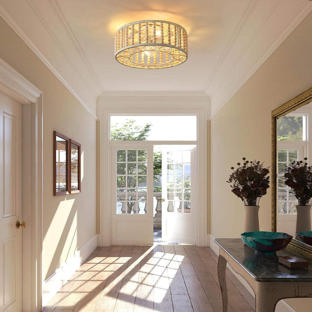 20' Boho Ceiling Fan with Light: Wood Beaded Caged Ceiling Fans with Lights Flush Mount,Remote and Reversible 6 Speeds Fandelier for Bedroom, Kitchen, Living Room,E26 Base No Bulb.