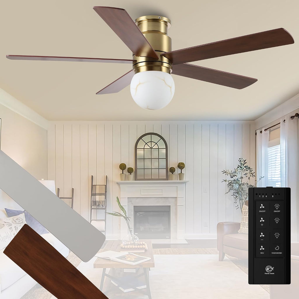 Parrot Uncle Flush Mount Ceiling Fan with Lights, 52 Inch Gold Ceiling Fan with Remote for Bedroom Living Room Kitchen, 6 Speeds, 3 CCT LED Light,Timing and Memory Function, 5 Blades