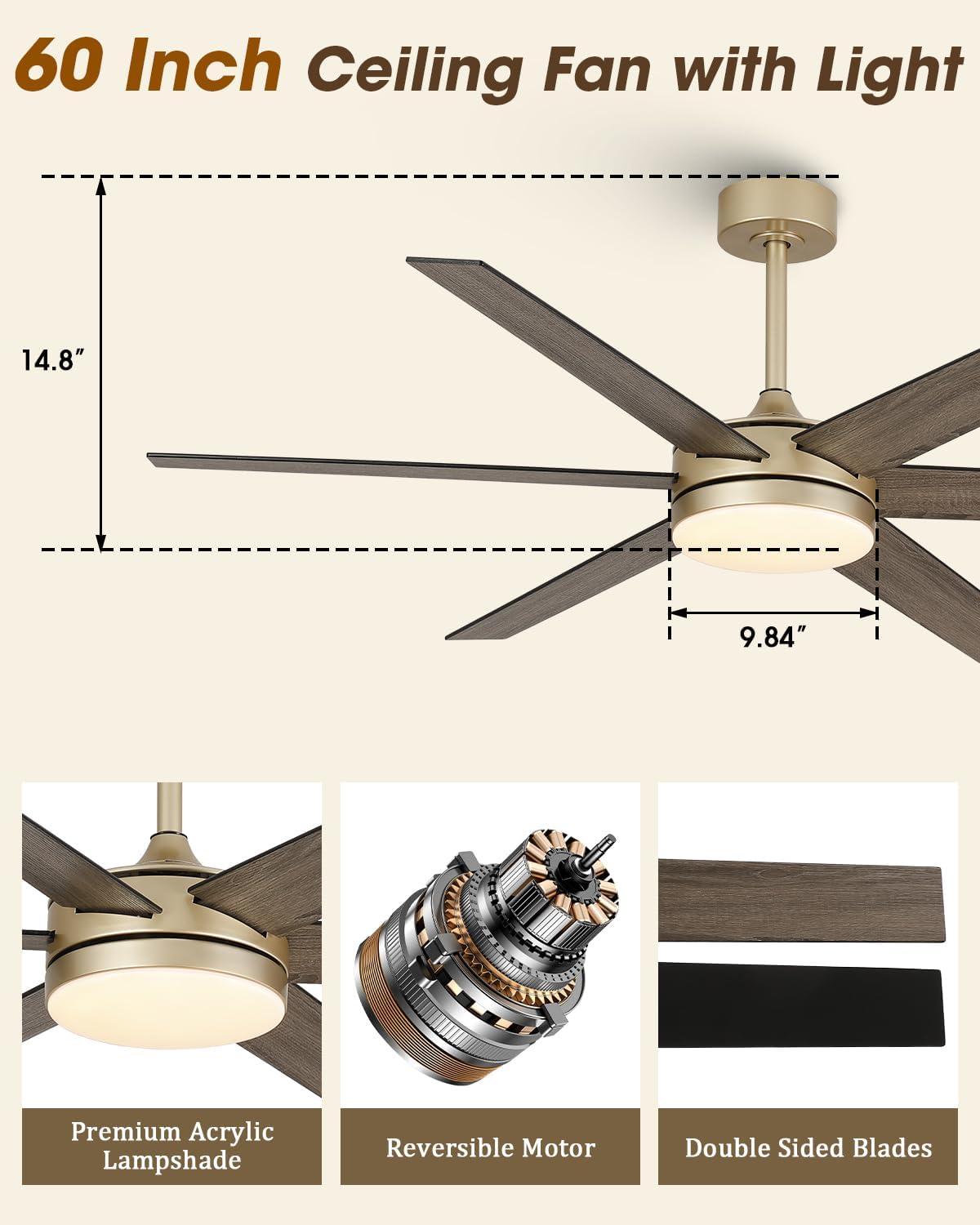 60 Inch Modern Ceiling Fan, Gold Ceiling Fan with Lights and Remote App Control, 6 Reversible Blades, Dimmable, 3CCT, App Control, 6 Speeds, Quiet Large Ceiling Fan for Bedroom Living Room