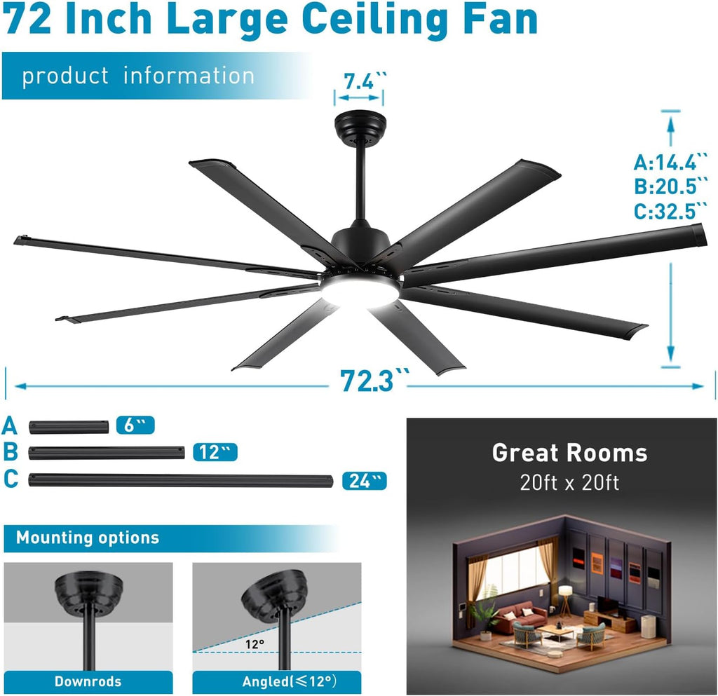 72 lnch lndustrial Celing Fan with Light and Remote Control,Large Celing Fan with 8 Black Aluminum Blades,6 Speed Noiseless DC Motor,Wet Rated Indoor Outdoor Ceiling Fans for Patio,Garage,exterior
