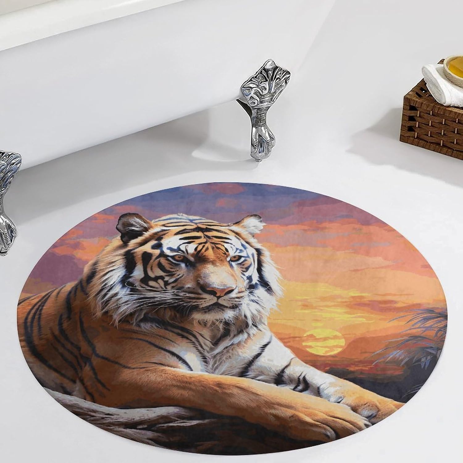 Tiger Colorful Sunset Coral Velvet Round Floor Mat Non-Slip Bath Rug Floor Covering for Bathroom Vanity Guest Suite & Vacation Home
