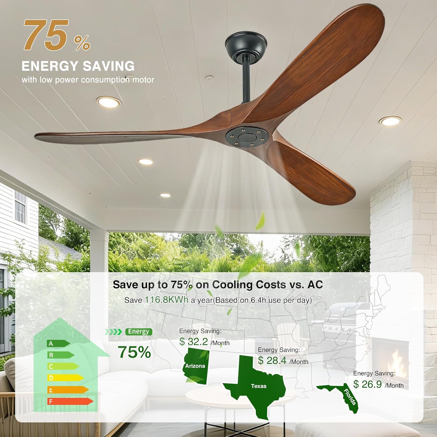 60 Inch Wood Ceiling Fan No Light, Indoor Outdoor Ceiling Fan without Lights with Remote, 3-Blade Reversible DC Motor Fan for Covered Patio Porch Bedroom Living Room, Walnut