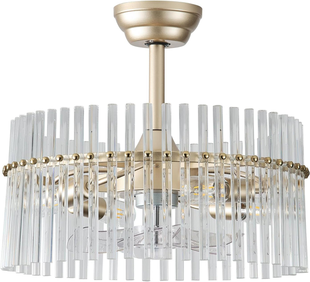SYDACG 20' Gold and Clear Crystal Fandelier Ceiling Fan with Light, Mid-Century Chandelier Ceiling Fan with Light Remote Control, 6 Speeds for Bedroom, Nursery, Living Room