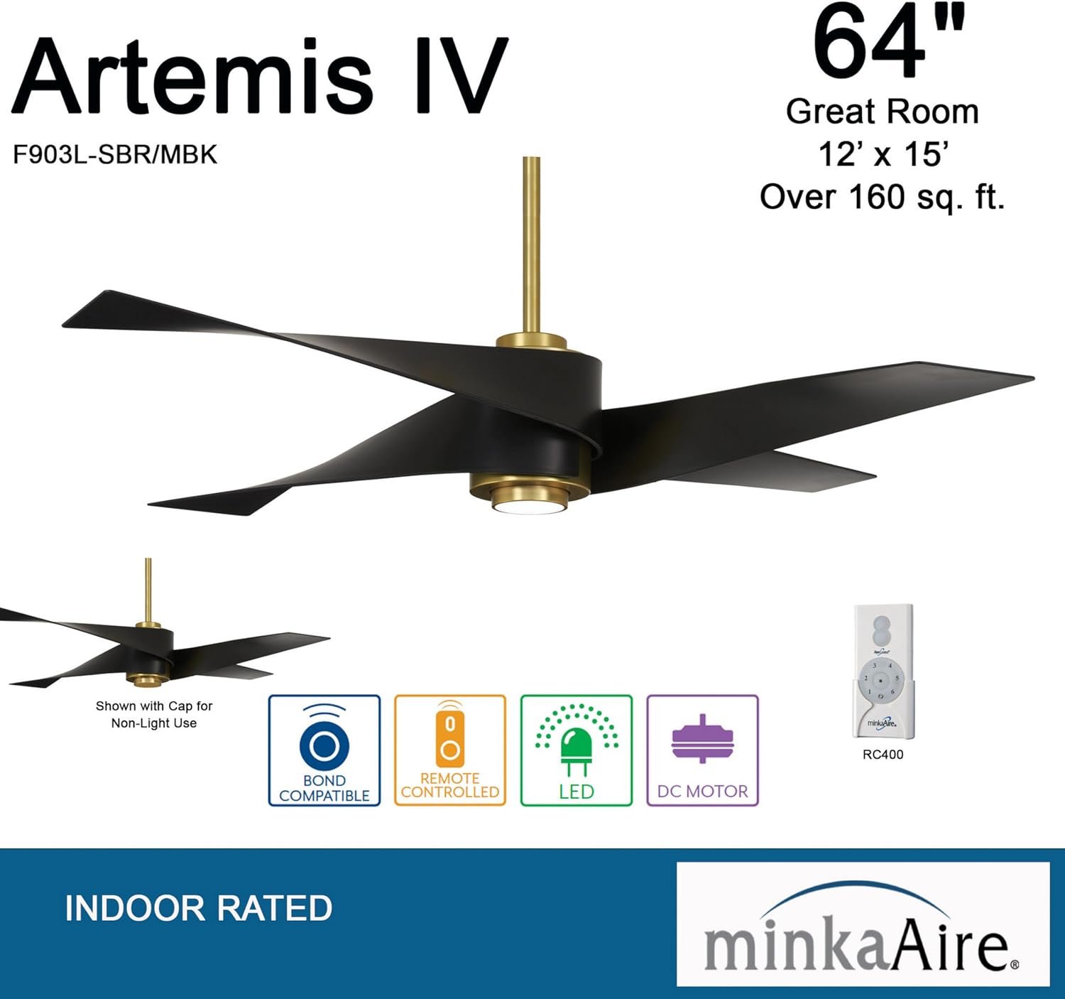 MINKA-AIRE F903L-SBR/MBK Artemis IV 64 Inch Ceiling Fan with LED Light and DC Motor, Soft Brass/Matte Black