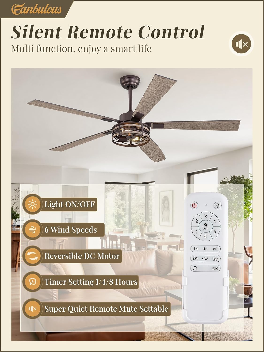 Fanbulous Farmhouse Ceiling Fans with Light, 60 Inch Bedroom Ceiling Fan with Lights, 6-Speed Adjustable, Quiet and Reversible DC Motor, 5 Dual Finish Blades, Rustic Caged Ceiling Fan，Oil Bronze