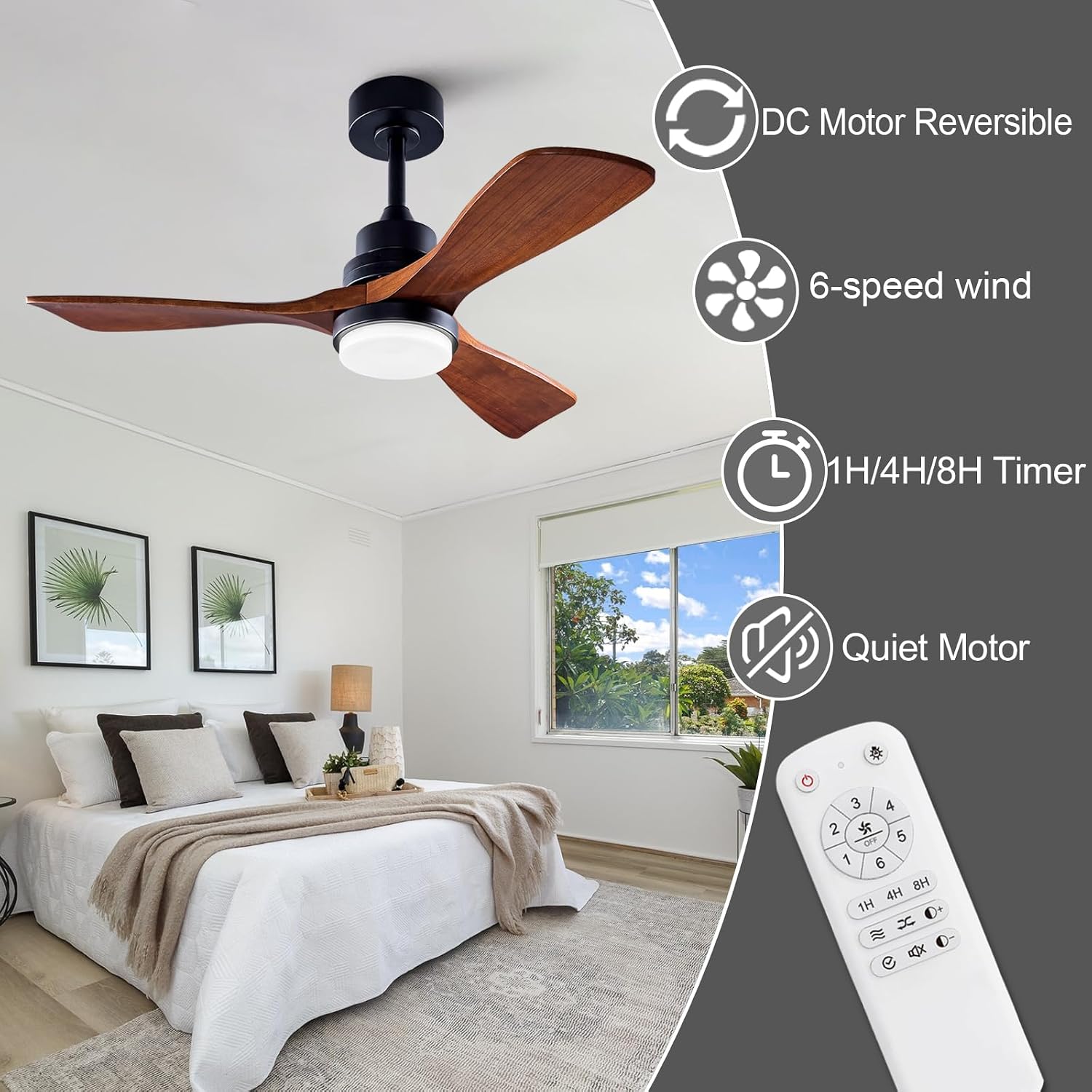 42 Inch Outdoor Ceiling Fans with Lights and Remote, Dimmable 3 Blade Wood Outdoor Ceiling Fans for Patios, Black Walnut Bedroom Ceiling Fan with Light, DC Motor