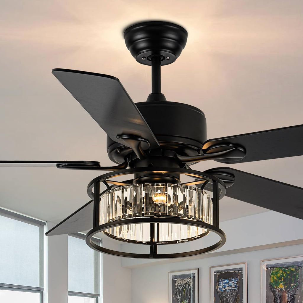 Bella Depot 52' Black Crystal Ceiling Fan with Remote, Caged Chandelier Fan with Light (No Bulbs Included), Quiet DC Motor for Dining Living Room Bedroom (Classic Black)