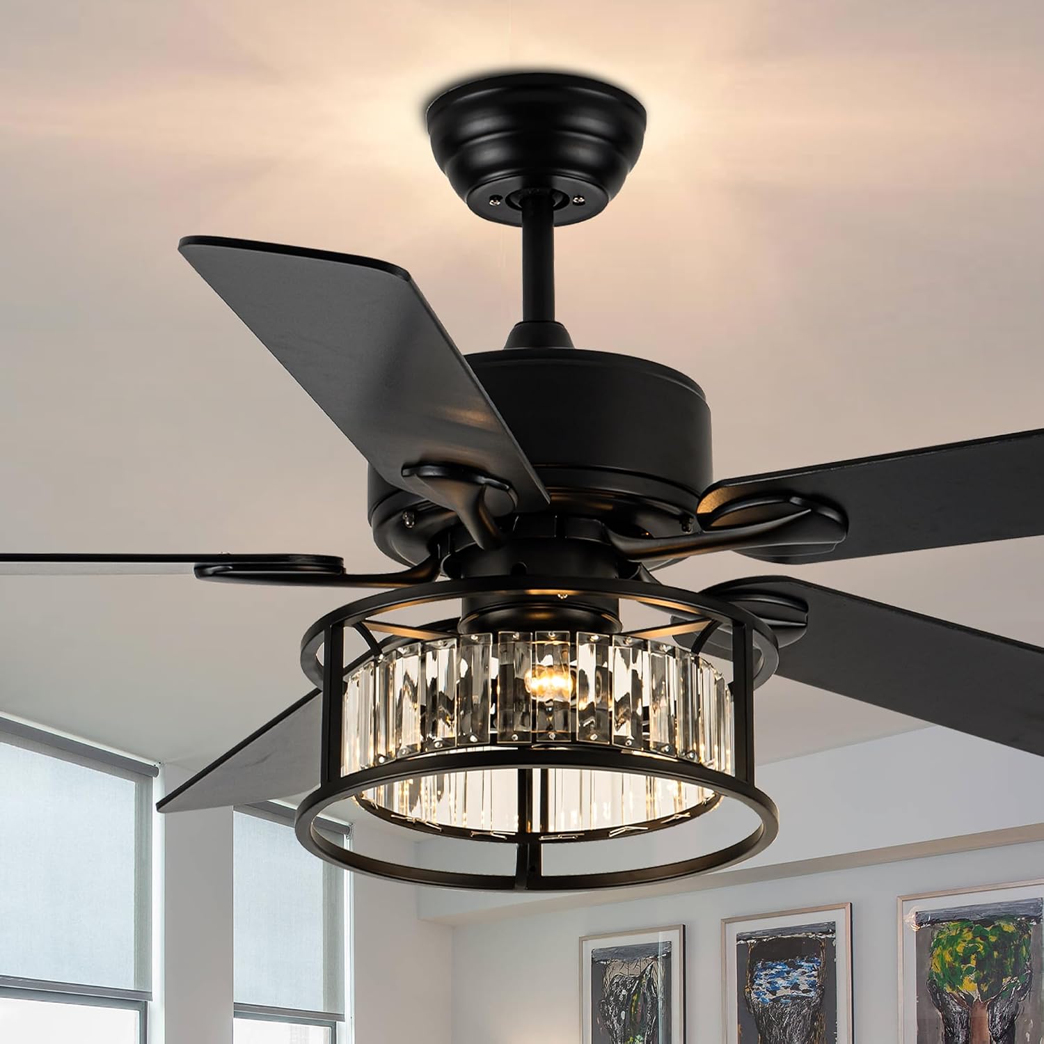 Bella Depot 52' Black Crystal Ceiling Fan with Remote, Caged Chandelier Fan with Light (No Bulbs Included), Quiet DC Motor for Dining Living Room Bedroom (Classic Black)