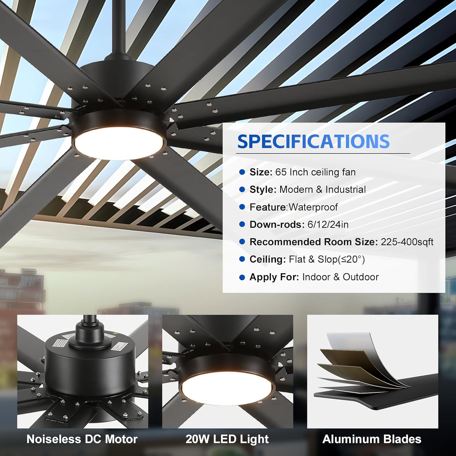 65 Inch Smart Outdoor Ceiling Fan with Light, Waterproof All Weather Wet Rated, Alexa/App/Remote Control, 8 Aluminum Blades, High CFM Quiet DC Motor, for Patio Porch Gazebo, Modern Black Industrial