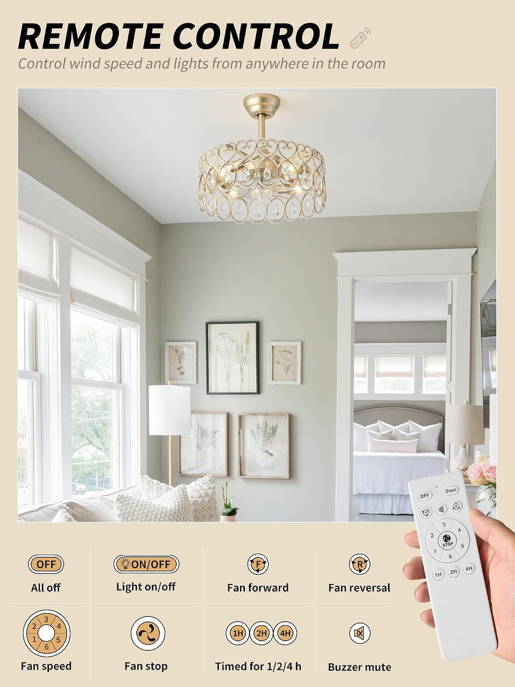 SYDACG 20' Gold Crystal Fandelier Ceiling Fans with Lights, Gold Chandelier Ceiling Fan with Light Remote Control, Mid-Century Modern Caged 6 Speeds for Bedroom, Nursery, Foyer, Living Room