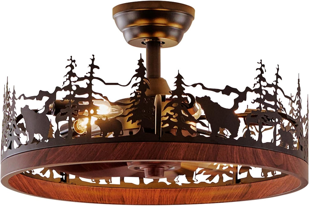 21 Inch Flush Mount Farmhouse Ceiling Fan with Light and Remote, Rustic Walnut Wood Grain Bladeless Fandelier Chandeliers Fan, Forest Ceiling Fan for Living Room, Bedroom