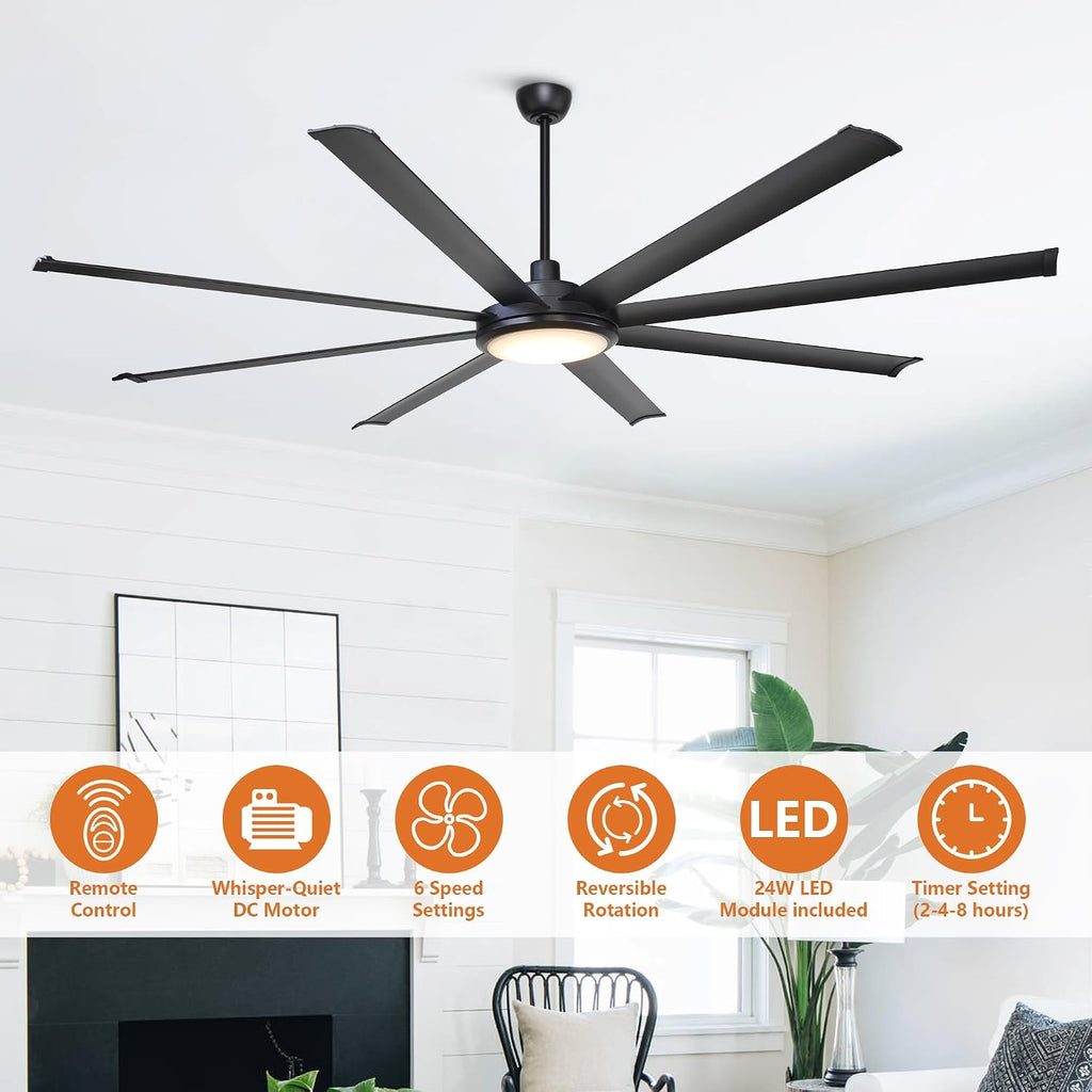 Parrot Uncle Ceiling Fans with Lights and Remote, 75 Inch Black Industrial Ceiling Fan with LED Light for Bedroom Living Room Indoor Outdoor, 6-Speeds Reversible DC Motor, 8 Aluminum Blades, Timer